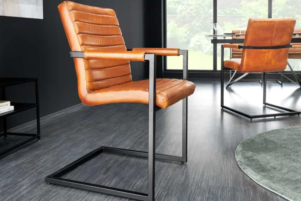 Riess-Ambiente Freischwinger|Industrial Loft > Echtleder Freischwinger Stuhl BUFFALO braun Büffelleder Metall mit Armlehne gepolstert