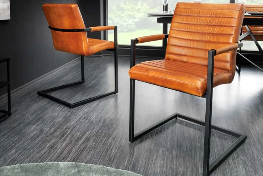 Riess-Ambiente Freischwinger|Industrial Loft > Echtleder Freischwinger Stuhl BUFFALO braun Büffelleder Metall mit Armlehne gepolstert