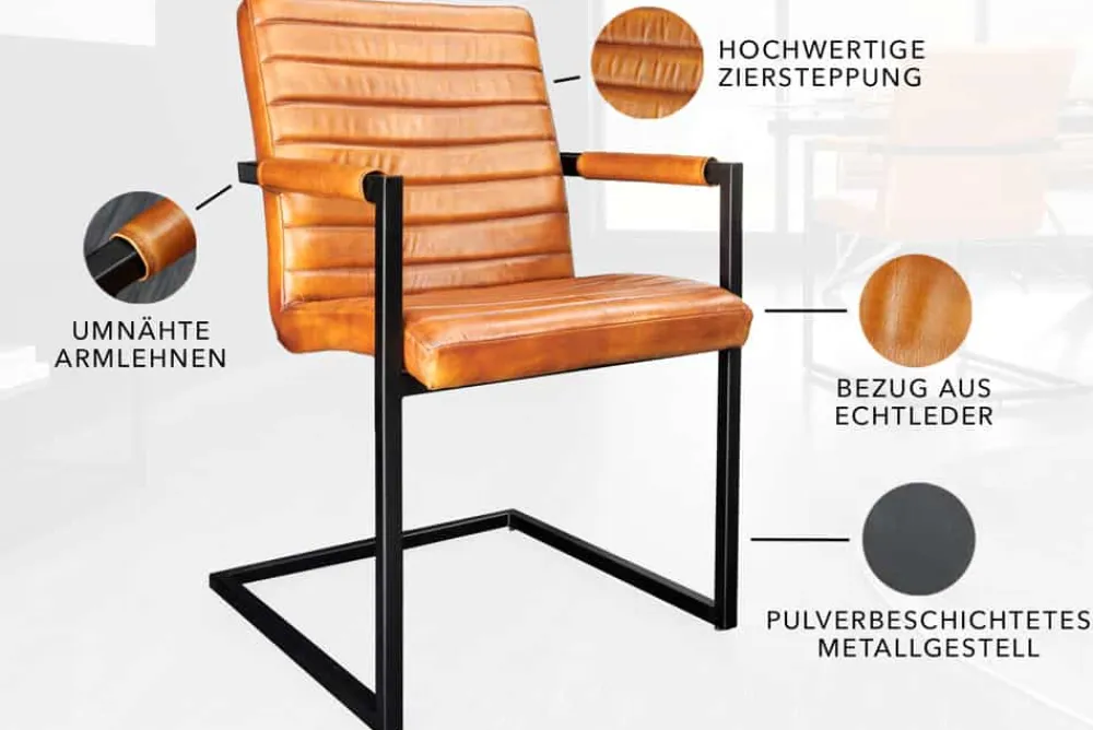 Riess-Ambiente Freischwinger|Industrial Loft > Echtleder Freischwinger Stuhl BUFFALO braun Büffelleder Metall mit Armlehne gepolstert
