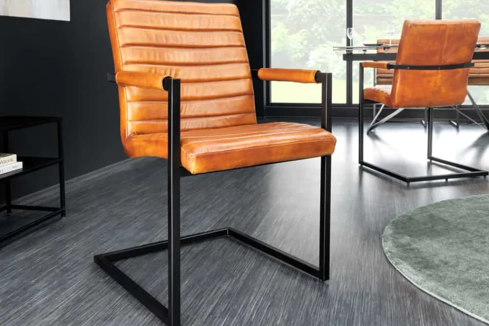 Riess-Ambiente Freischwinger|Industrial Loft > Echtleder Freischwinger Stuhl BUFFALO braun Büffelleder Metall mit Armlehne gepolstert