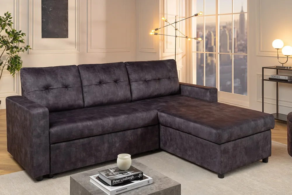 Riess-Ambiente Samt Möbel|Ecksofa > Ecksofa mit Schlaffunktion APARTMENT beidseitig aufbaubar grau Samt inkl. Stauraum