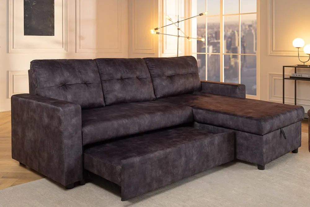 Riess-Ambiente Samt Möbel|Ecksofa > Ecksofa mit Schlaffunktion APARTMENT beidseitig aufbaubar grau Samt inkl. Stauraum