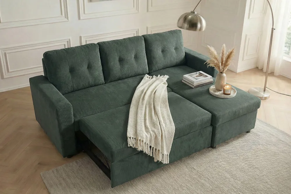 Riess-Ambiente Ecksofa > Ecksofa mit Schlaffunktion APARTMENT beidseitig aufbaubar grün Cord inkl. Stauraum