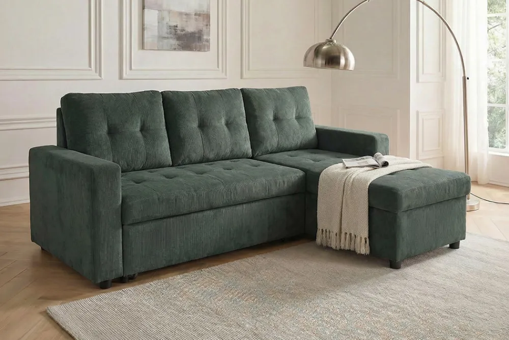 Riess-Ambiente Ecksofa > Ecksofa mit Schlaffunktion APARTMENT beidseitig aufbaubar grün Cord inkl. Stauraum