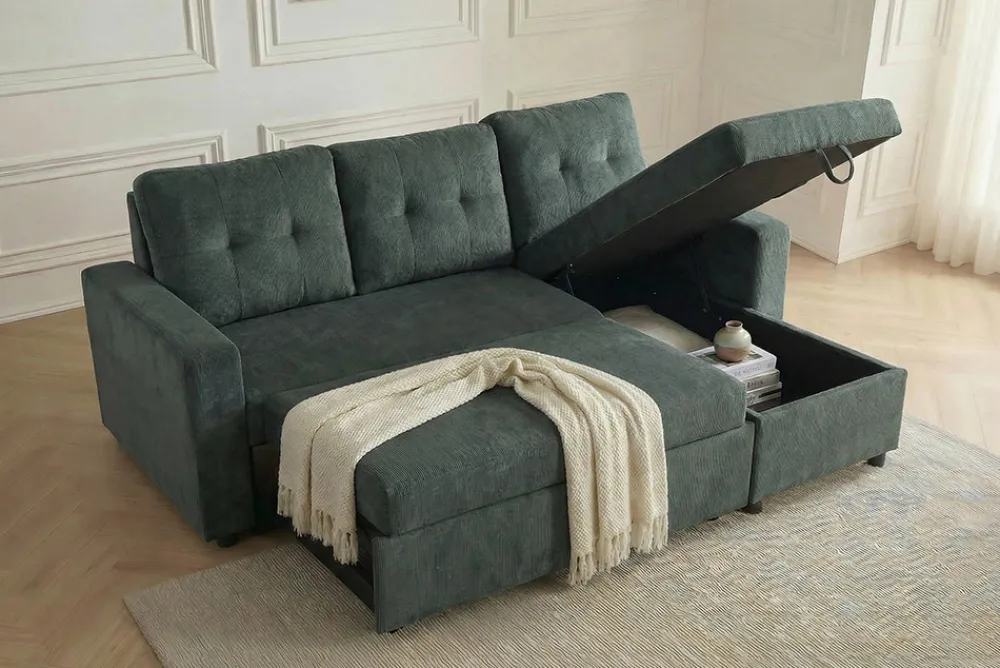 Riess-Ambiente Ecksofa > Ecksofa mit Schlaffunktion APARTMENT beidseitig aufbaubar grün Cord inkl. Stauraum