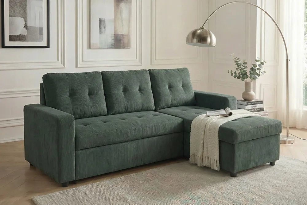 Riess-Ambiente Ecksofa > Ecksofa mit Schlaffunktion APARTMENT beidseitig aufbaubar grün Cord inkl. Stauraum