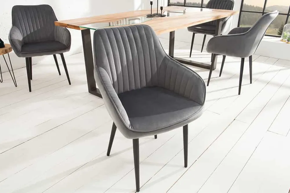 Riess-Ambiente Retro Möbel|Stühle > Edler Armlehnen Stuhl TURIN silbergrau Samt mit Ziersteppung