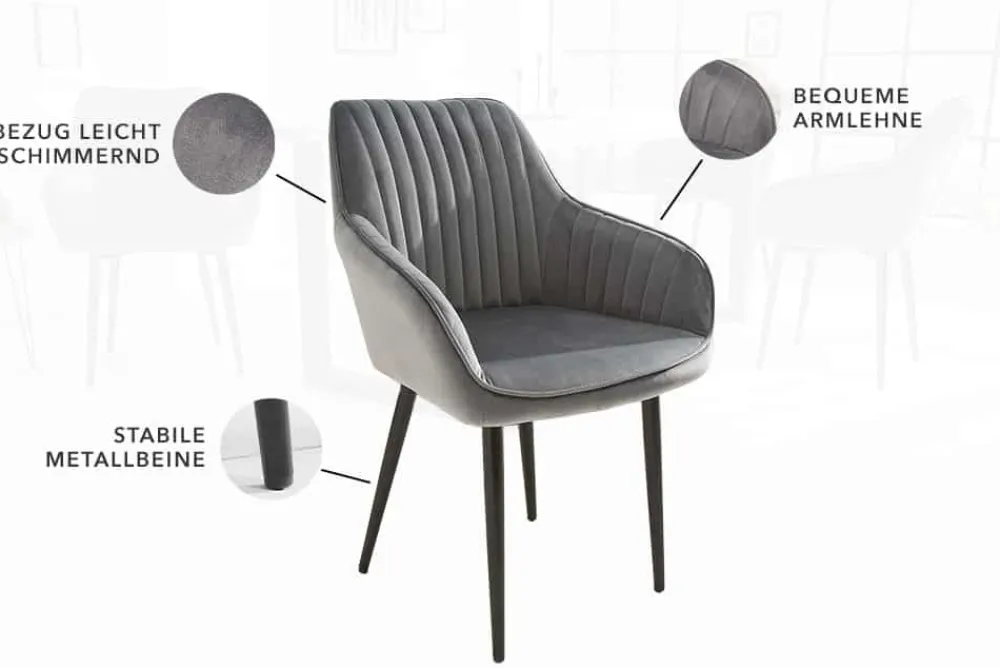 Riess-Ambiente Retro Möbel|Stühle > Edler Armlehnen Stuhl TURIN silbergrau Samt mit Ziersteppung