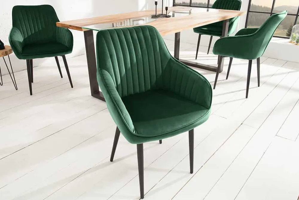 Riess-Ambiente Retro Möbel|Stühle > Edler Armlehnen Stuhl TURIN smaragdgrün Samt mit Ziersteppung