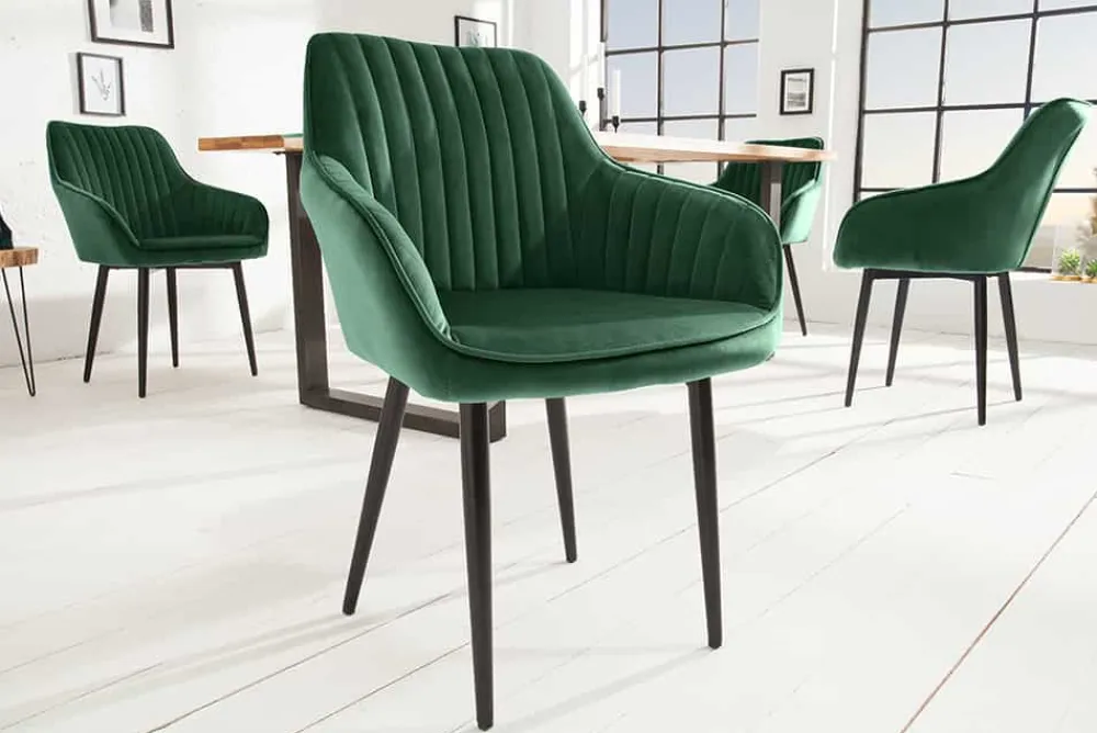 Riess-Ambiente Retro Möbel|Stühle > Edler Armlehnen Stuhl TURIN smaragdgrün Samt mit Ziersteppung