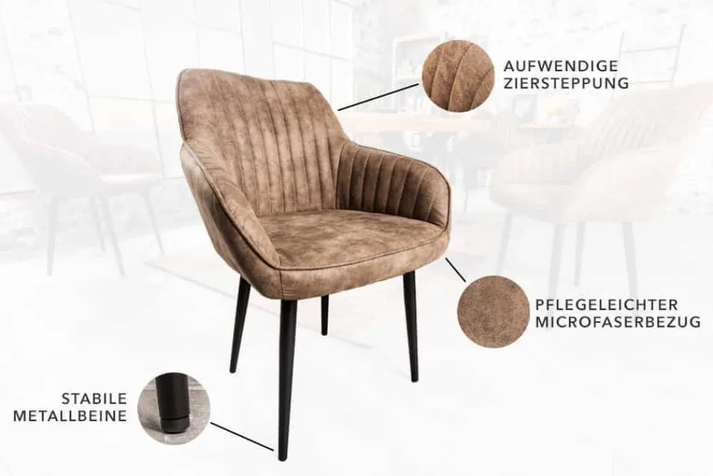 Riess-Ambiente Retro Möbel|Stühle > Edler Armlehnen Stuhl TURIN vintage taupe mit Ziersteppung