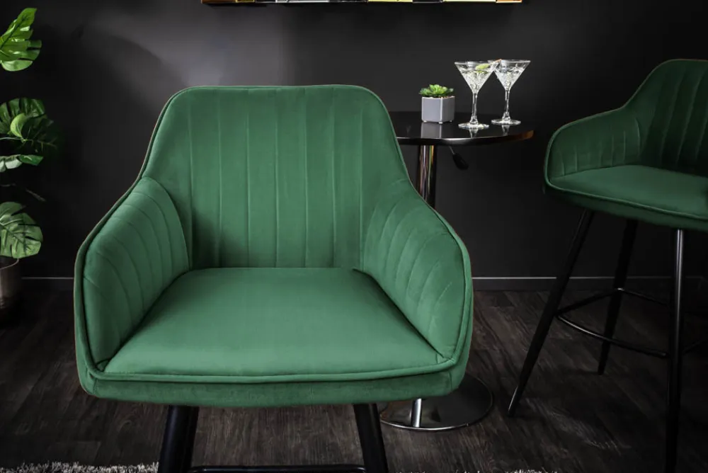 Riess-Ambiente Retro Möbel|Barhocker > Edler Barhocker TURIN smaragdgrün Samt mit Ziersteppung Barstuhl mit Armlehne