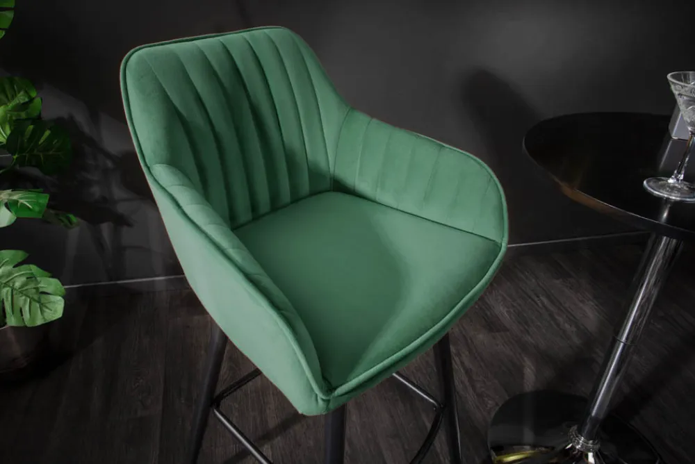 Riess-Ambiente Retro Möbel|Barhocker > Edler Barhocker TURIN smaragdgrün Samt mit Ziersteppung Barstuhl mit Armlehne