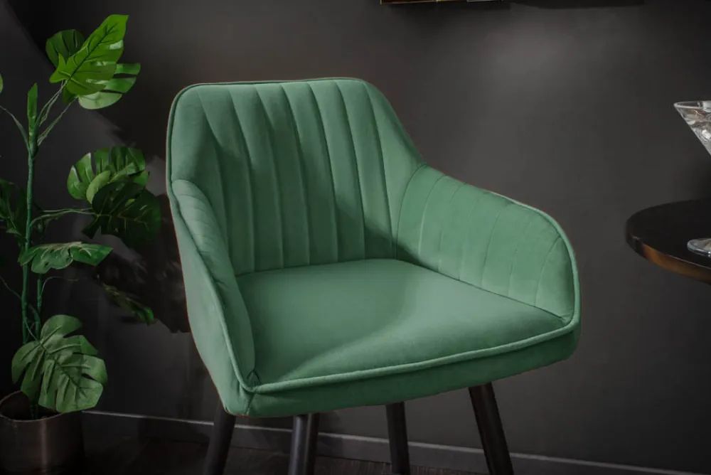 Riess-Ambiente Retro Möbel|Barhocker > Edler Barhocker TURIN smaragdgrün Samt mit Ziersteppung Barstuhl mit Armlehne