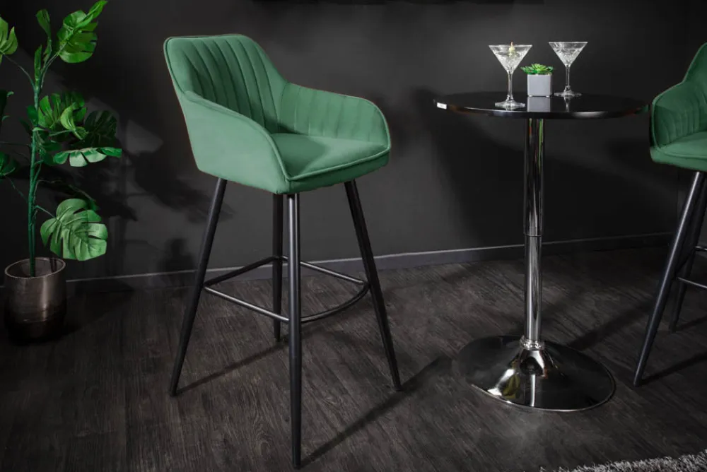 Riess-Ambiente Retro Möbel|Barhocker > Edler Barhocker TURIN smaragdgrün Samt mit Ziersteppung Barstuhl mit Armlehne
