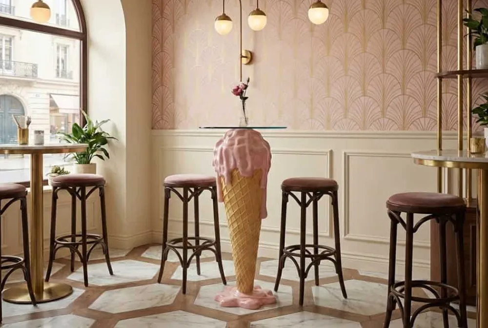 Riess-Ambiente Bartische > Einzigartiger Bartisch ICE CREAM 105cm beige rosa runde Tischplatte Glas handmade