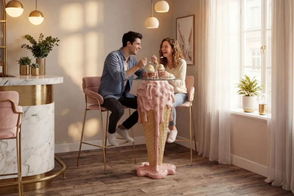 Riess-Ambiente Bartische > Einzigartiger Bartisch ICE CREAM 105cm beige rosa runde Tischplatte Glas handmade