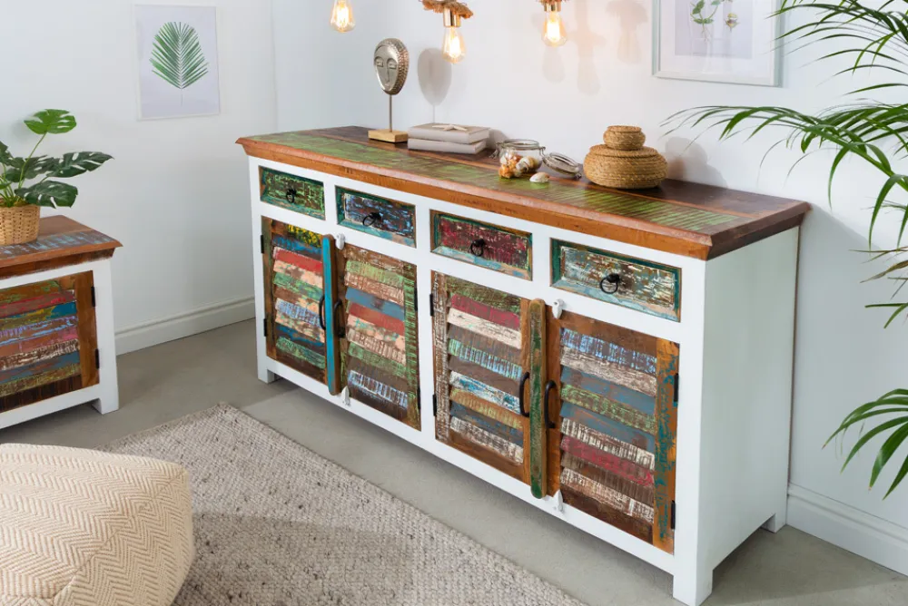 Riess-Ambiente Mehr...|Sideboards & Kommoden > Einzigartiges Sideboard JAKARTA 160cm weiß bunt recyceltes Massivholz aus Fischerbooten