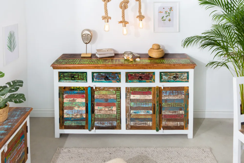 Riess-Ambiente Mehr...|Sideboards & Kommoden > Einzigartiges Sideboard JAKARTA 160cm weiß bunt recyceltes Massivholz aus Fischerbooten