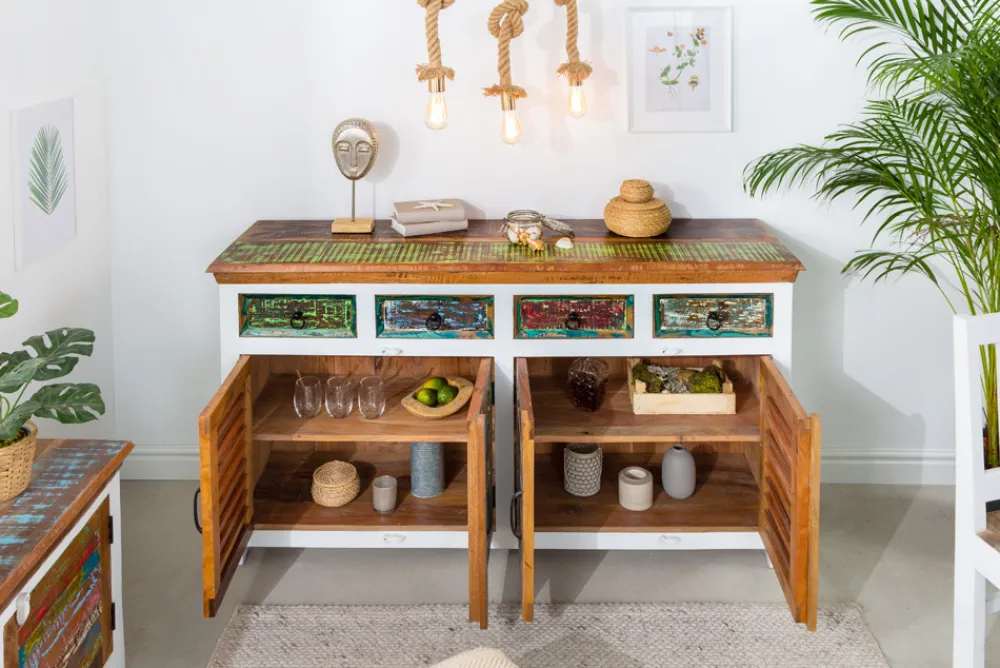 Riess-Ambiente Mehr...|Sideboards & Kommoden > Einzigartiges Sideboard JAKARTA 160cm weiß bunt recyceltes Massivholz aus Fischerbooten
