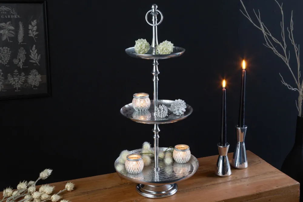 Riess-Ambiente Etageren & Tabletts > Elegante Etagere ORIENT 65cm silber im Wild Hammerschlag Design mit drei Etagen