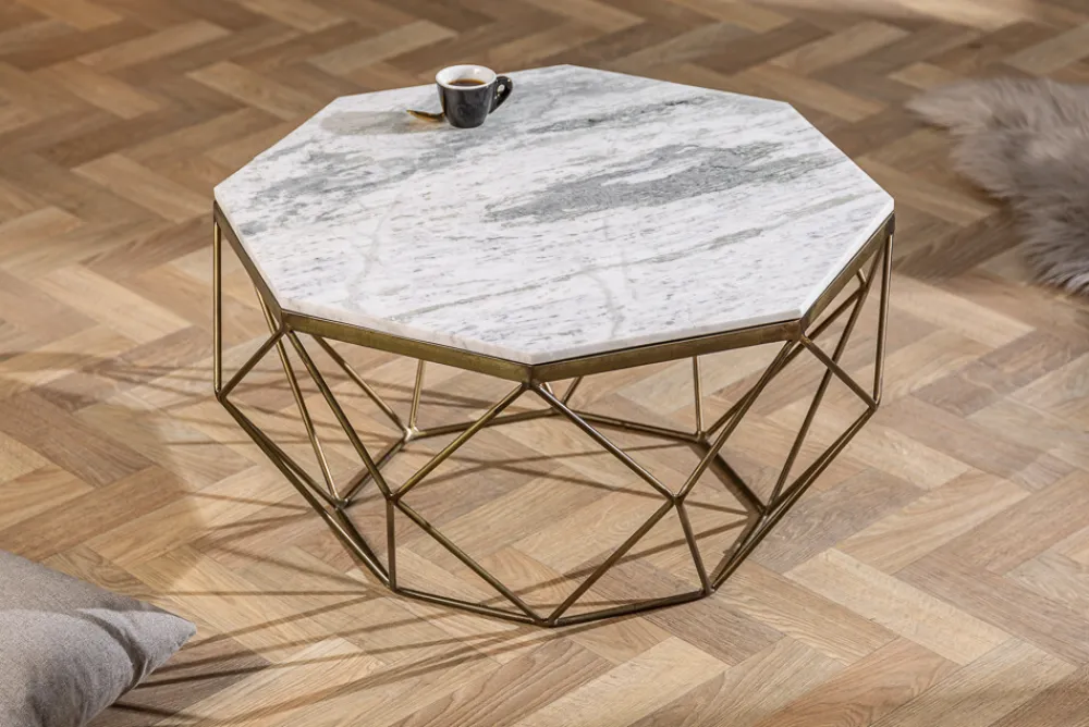 Riess-Ambiente Goldene Möbel|Couchtische & Truhen > Eleganter Couchtisch DIAMOND 70cm weiß messing mit Marmorplatte