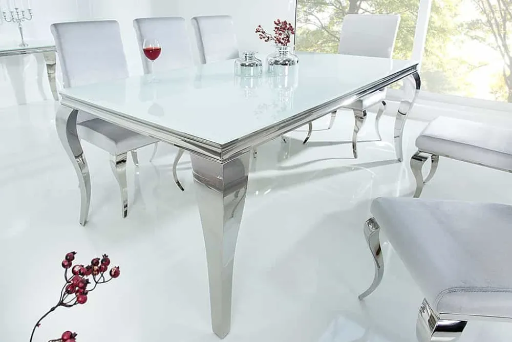 Riess-Ambiente Esstische > Eleganter Design Esstisch MODERN BAROCK 200cm weiß Edelstahl Opalglas Tischplatte