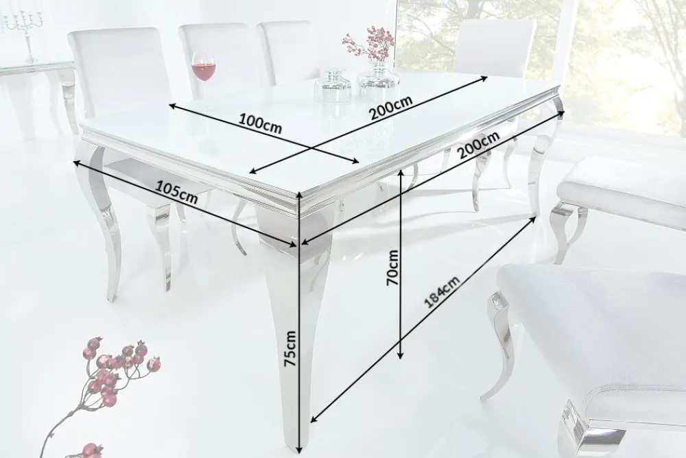 Riess-Ambiente Esstische > Eleganter Design Esstisch MODERN BAROCK 200cm weiß Edelstahl Opalglas Tischplatte