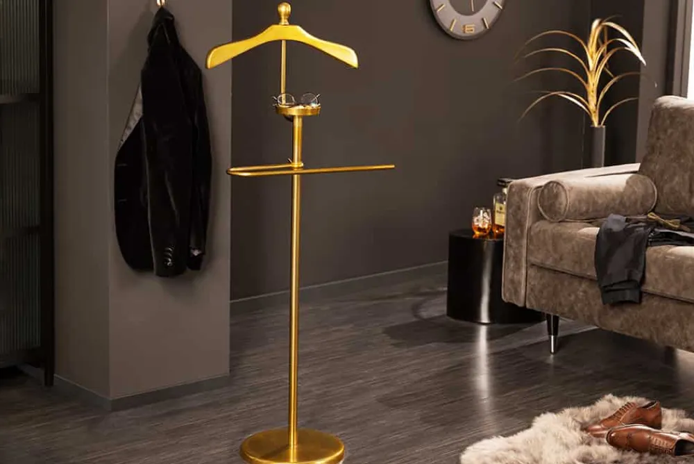 Riess-Ambiente Goldene Möbel|Garderoben > Eleganter Herrendiener VALET 128cm gold Aluminium Kleiderhaken Garderobenständer