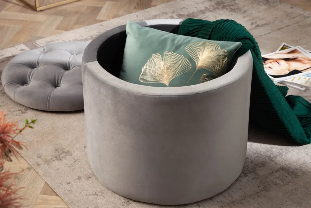 Riess-Ambiente Sitzhocker|Samt Möbel > Eleganter Hocker MODERN BAROCK 50cm silbergrau Samt Aufbewahrungkorb