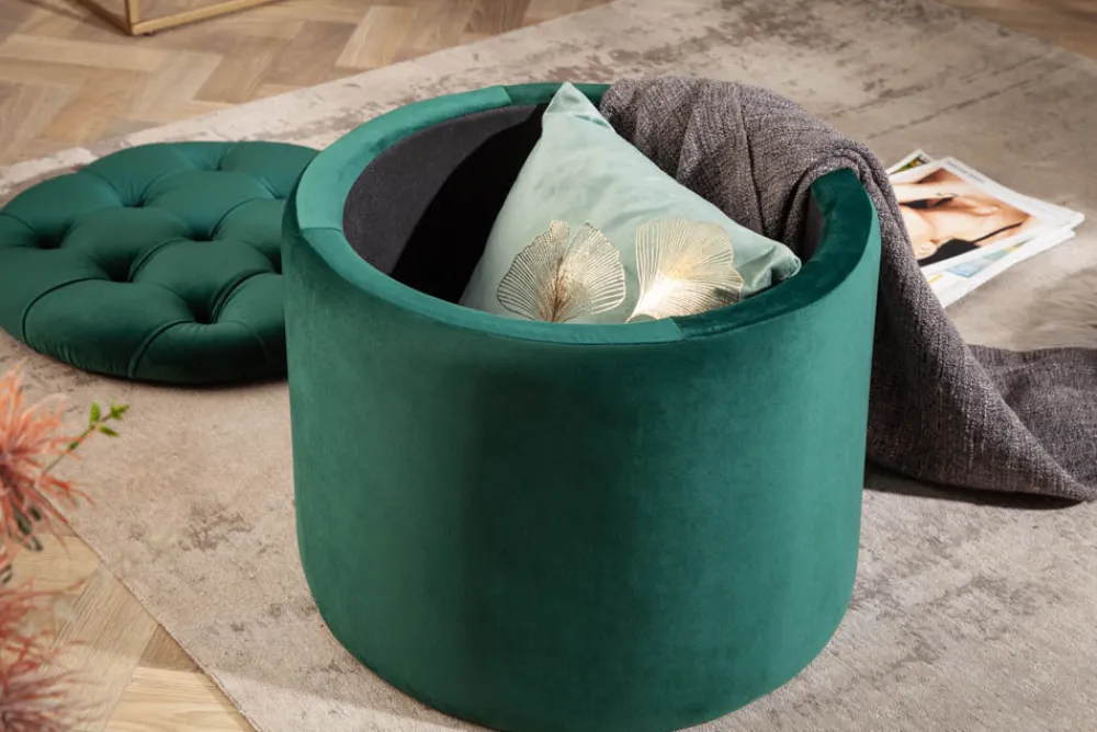 Riess-Ambiente Sitzhocker|Samt Möbel > Eleganter Hocker MODERN BAROCK 50cm dunkelgrün Samt Aufbewahrungkorb