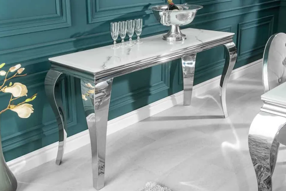 Riess-Ambiente Konsolentische > Eleganter Konsolentisch MODERN BAROCK 145cm mit Glasplatte Marmoroptik Edelstahlbeine