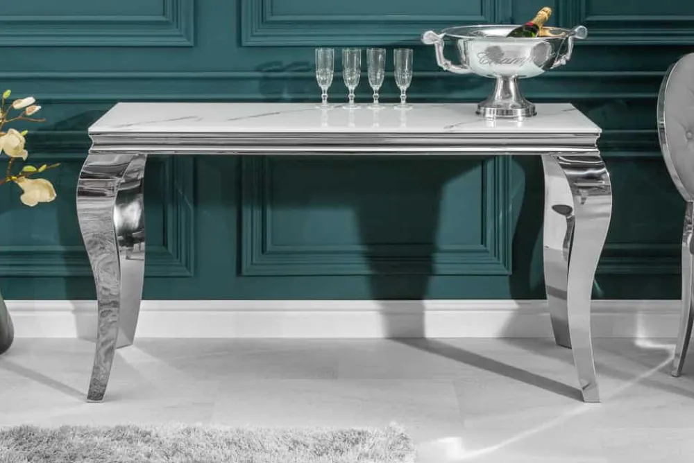 Riess-Ambiente Konsolentische > Eleganter Konsolentisch MODERN BAROCK 145cm mit Glasplatte Marmoroptik Edelstahlbeine