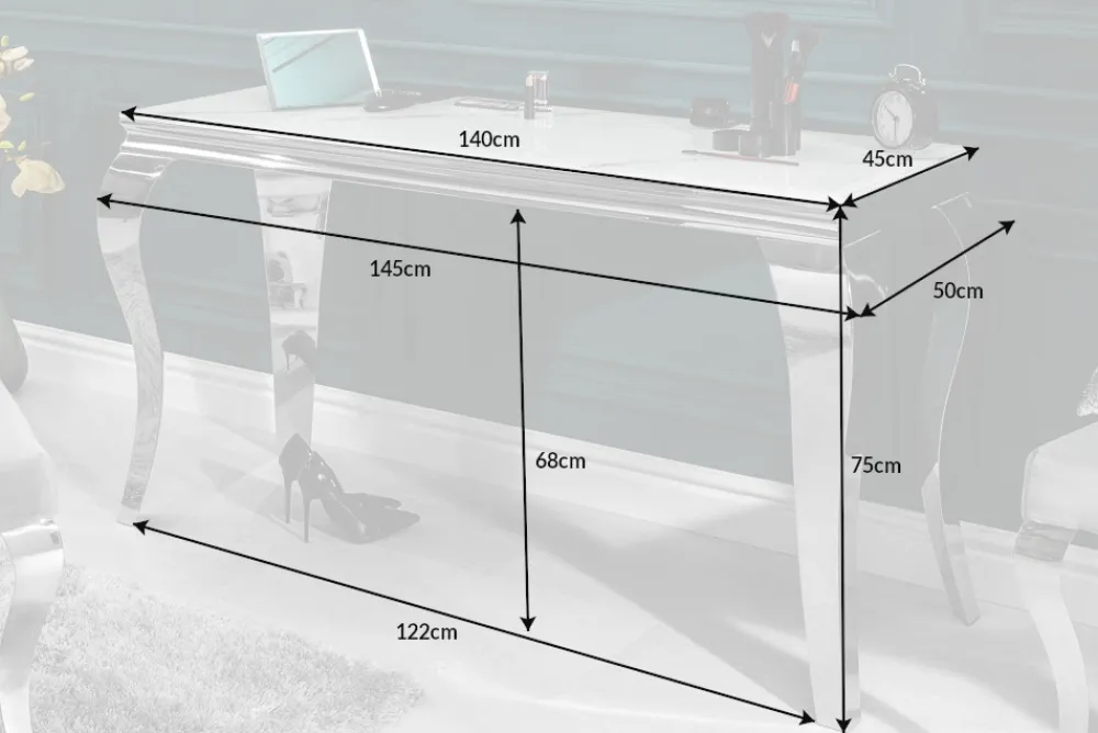 Riess-Ambiente Konsolentische > Eleganter Konsolentisch MODERN BAROCK 145cm mit Glasplatte Marmoroptik Edelstahlbeine