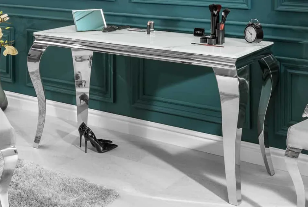 Riess-Ambiente Konsolentische > Eleganter Konsolentisch MODERN BAROCK 145cm mit Glasplatte Marmoroptik Edelstahlbeine