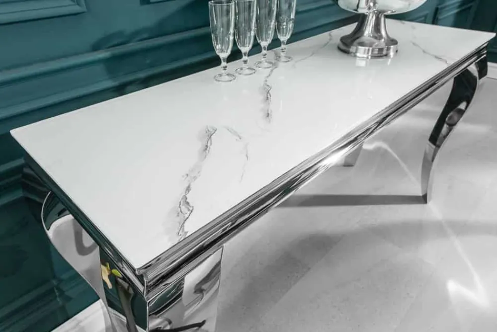 Riess-Ambiente Konsolentische > Eleganter Konsolentisch MODERN BAROCK 145cm mit Glasplatte Marmoroptik Edelstahlbeine