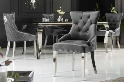 Riess-Ambiente Stühle|Samt Möbel > Eleganter Stuhl CASTLE DELUXE grau Samt Löwenkopf Chesterfield Design Esszimmerstuhl Nieten