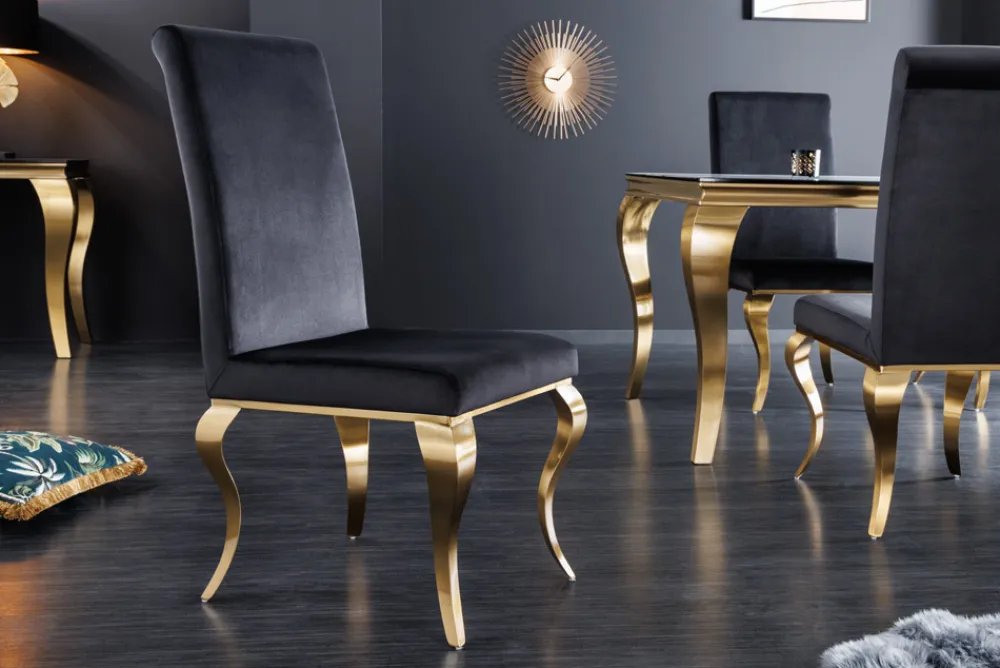 Riess-Ambiente Stühle|Samt Möbel > Eleganter Stuhl MODERN BAROCK schwarz Samt goldene Stuhlbeine aus Edelstahl