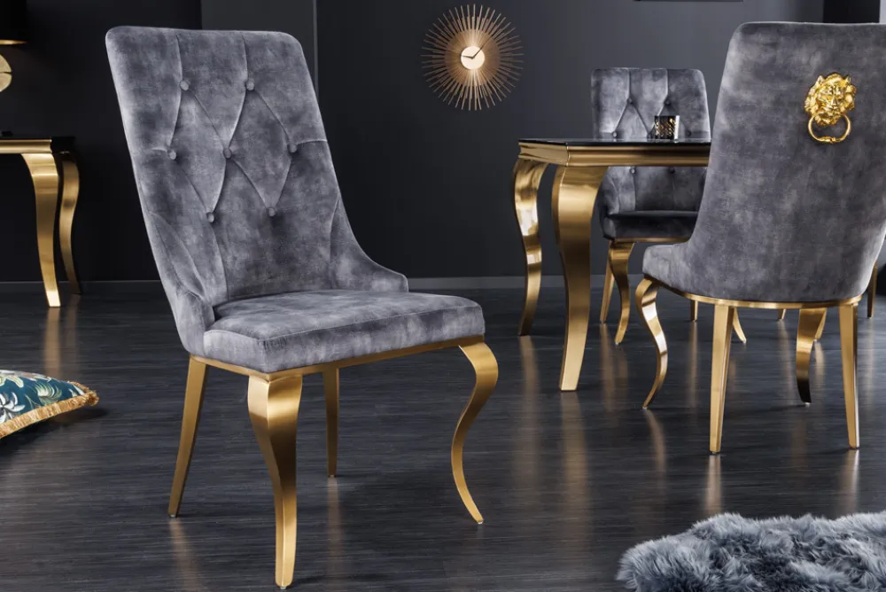 Riess-Ambiente Stühle|Samt Möbel > Eleganter Stuhl MODERN BAROCK grau Samt mit goldenem Löwenkopf