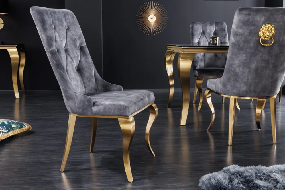 Riess-Ambiente Stühle|Samt Möbel > Eleganter Stuhl MODERN BAROCK grau Samt mit goldenem Löwenkopf