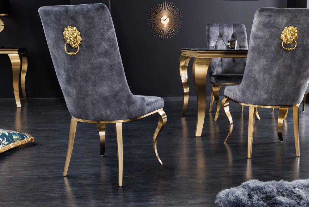 Riess-Ambiente Stühle|Samt Möbel > Eleganter Stuhl MODERN BAROCK grau Samt mit goldenem Löwenkopf