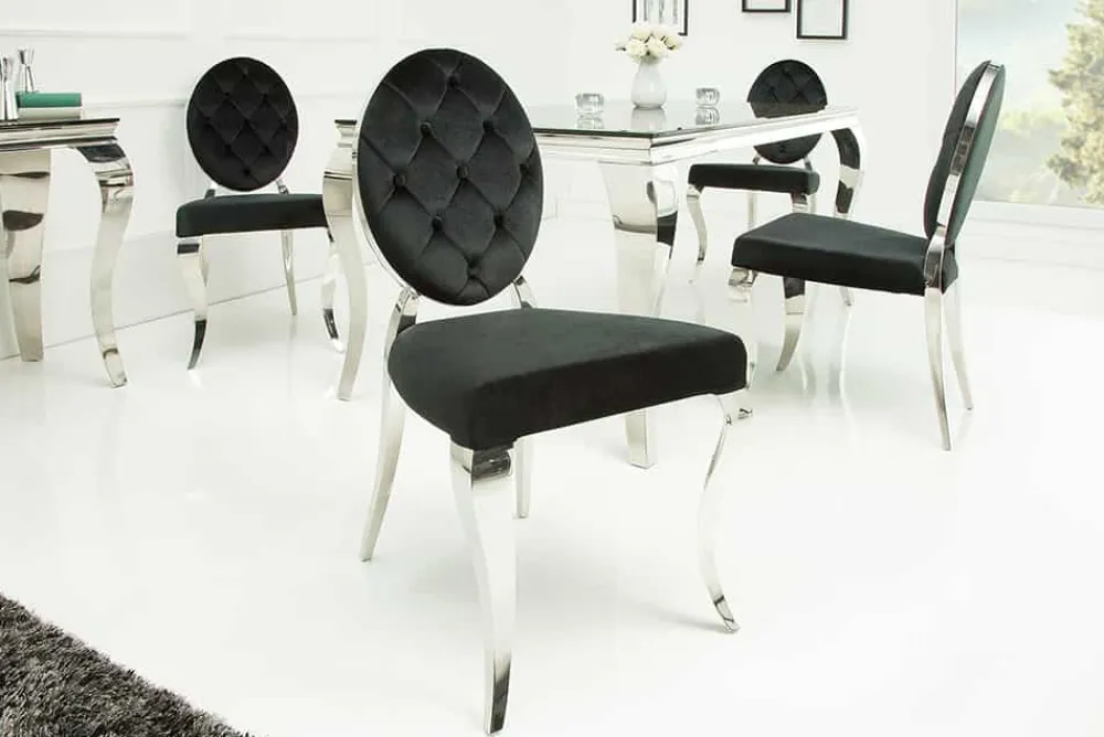 Riess-Ambiente Stühle|Samt Möbel > Eleganter Stuhl MODERN BAROCK schwarz Samt mit Knöpfen Edelstahlbeine