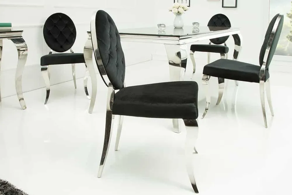 Riess-Ambiente Stühle|Samt Möbel > Eleganter Stuhl MODERN BAROCK schwarz Samt mit Knöpfen Edelstahlbeine