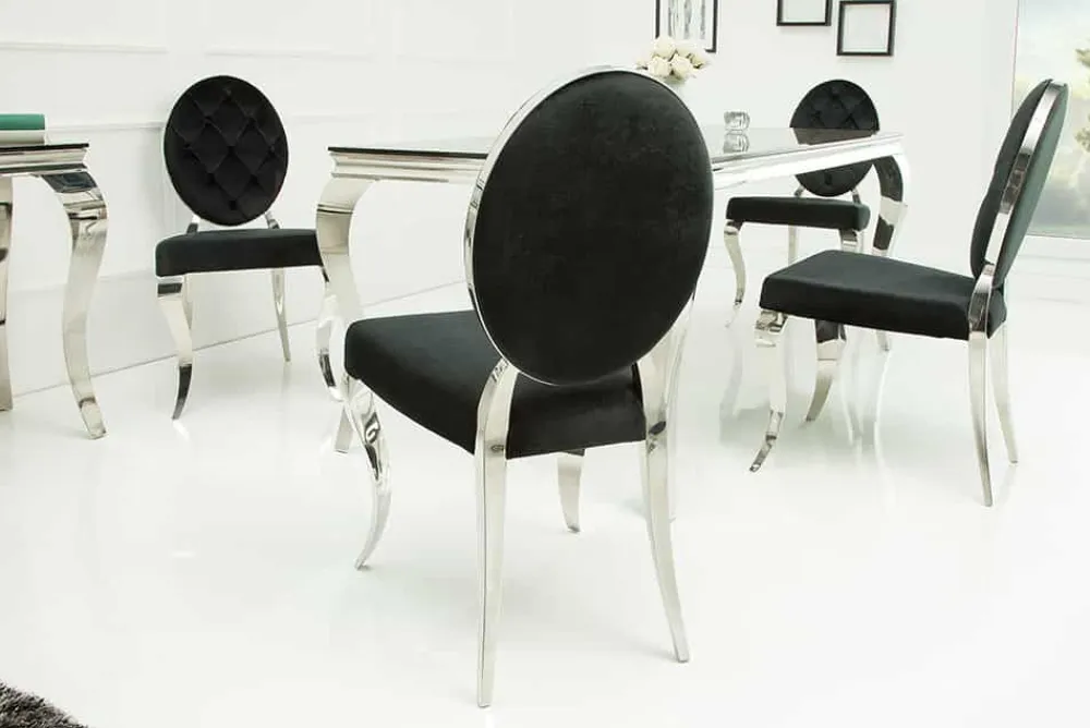 Riess-Ambiente Stühle|Samt Möbel > Eleganter Stuhl MODERN BAROCK schwarz Samt mit Knöpfen Edelstahlbeine