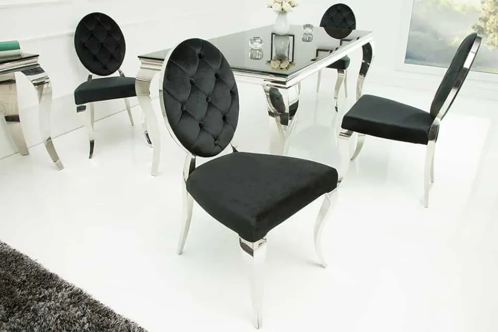 Riess-Ambiente Stühle|Samt Möbel > Eleganter Stuhl MODERN BAROCK schwarz Samt mit Knöpfen Edelstahlbeine