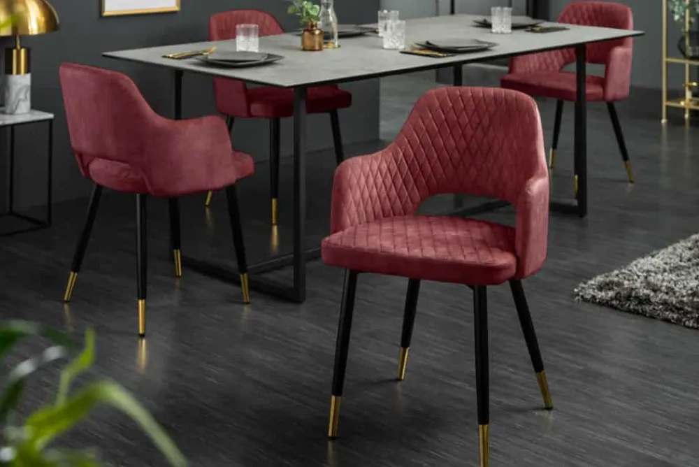 Riess-Ambiente Goldene Möbel|Retro Möbel > Eleganter Stuhl PARIS bordeaux Vogue Seidenstoff Samt goldene Fußkappen und Armlehnen