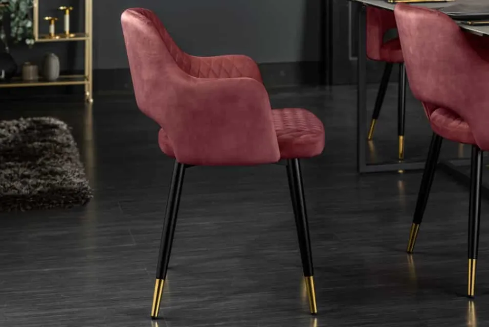 Riess-Ambiente Goldene Möbel|Retro Möbel > Eleganter Stuhl PARIS bordeaux Vogue Seidenstoff Samt goldene Fußkappen und Armlehnen