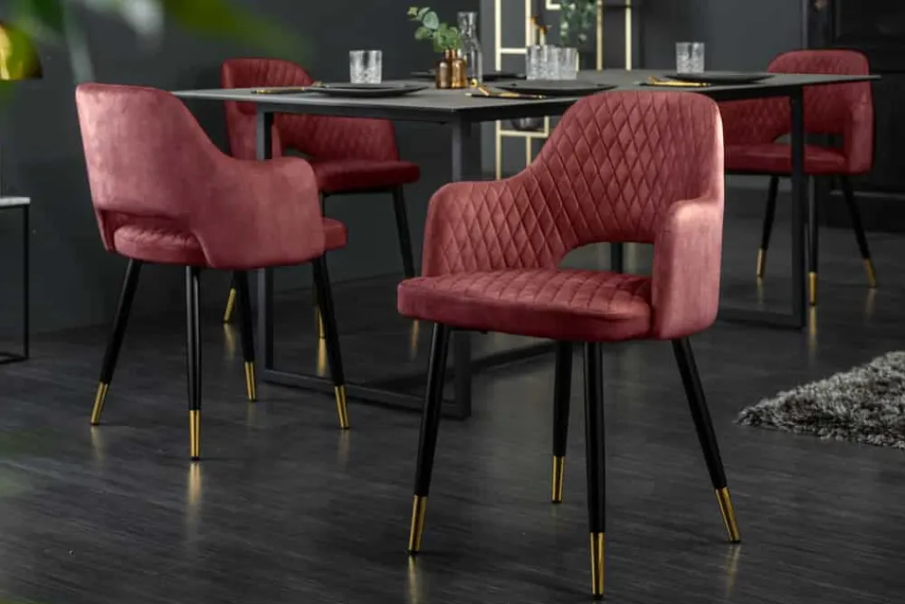 Riess-Ambiente Goldene Möbel|Retro Möbel > Eleganter Stuhl PARIS bordeaux Vogue Seidenstoff Samt goldene Fußkappen und Armlehnen