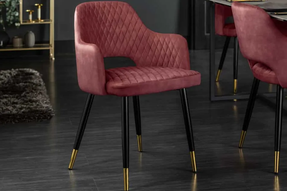 Riess-Ambiente Goldene Möbel|Retro Möbel > Eleganter Stuhl PARIS bordeaux Vogue Seidenstoff Samt goldene Fußkappen und Armlehnen