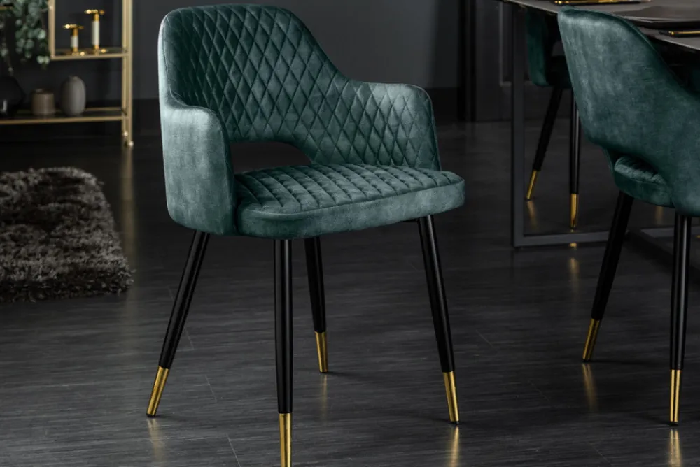 Riess-Ambiente Goldene Möbel|Retro Möbel > Eleganter Stuhl PARIS petrol Samt Ziersteppung Fußkappen gold Retro-Design mit Armlehnen